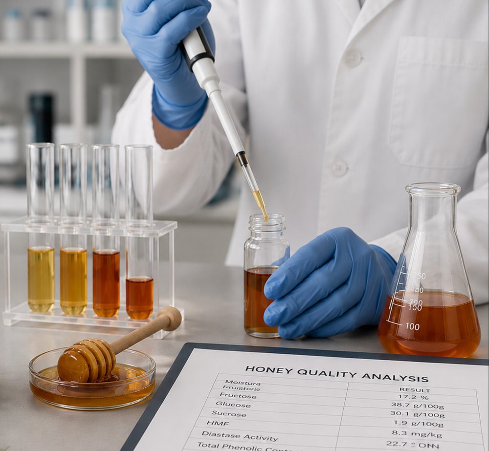 Honey quality analysis report on a lab bench beside honey samples